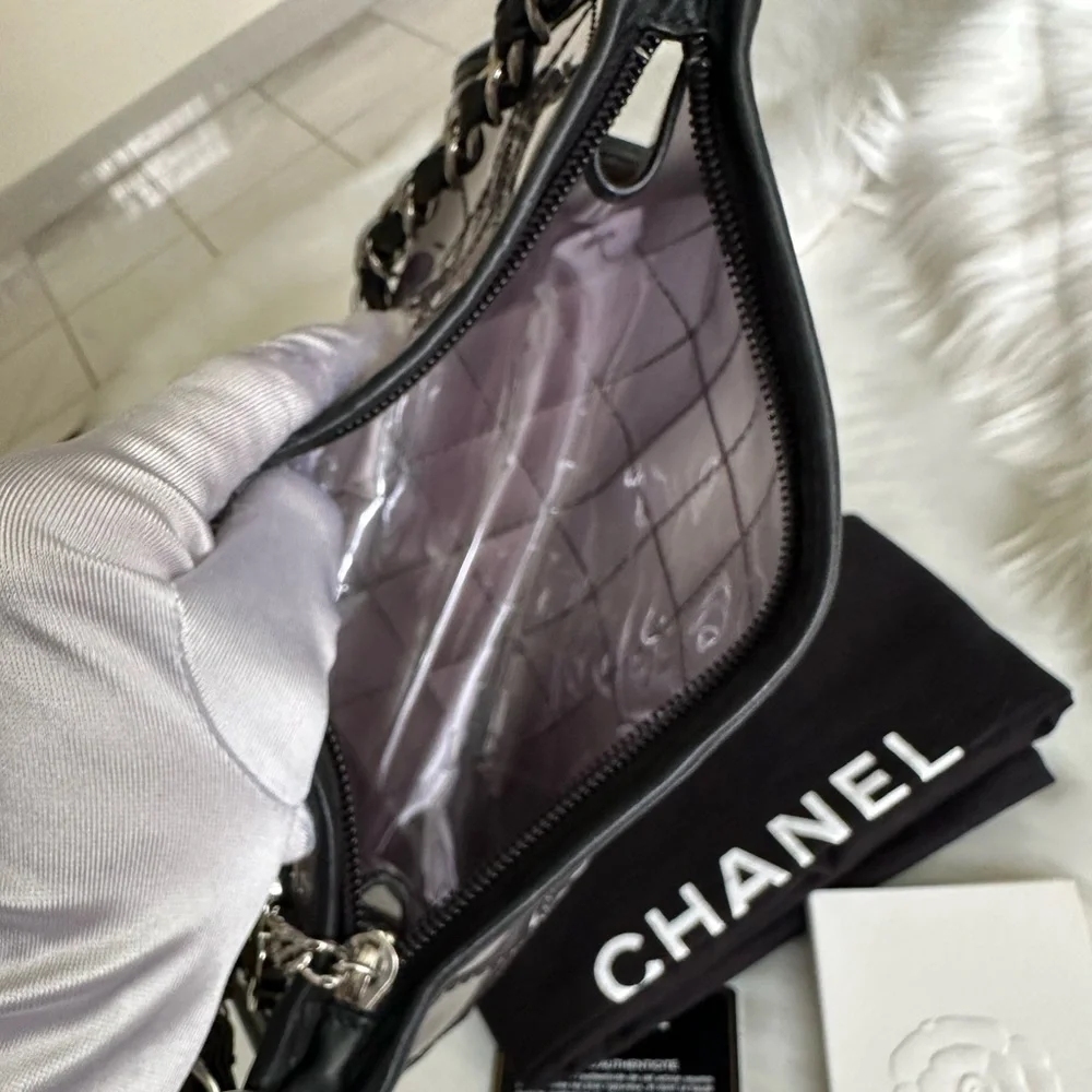CHANEL Silver Quilted PVC Shoulder Bag with Black Trim